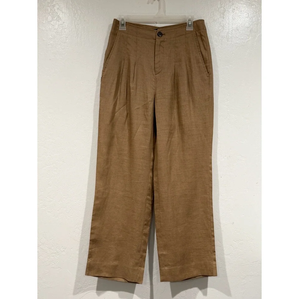 Banana Republic High Rise Pleated Linen Pants Iced Latte Brown 4 Petite